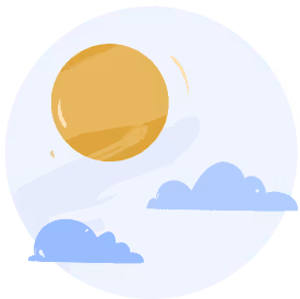 Illustration of a yellow sun partially covered by light blue clouds in a pale blue sky.