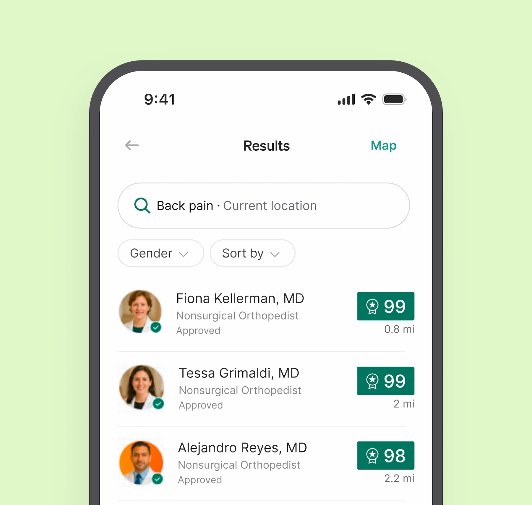 Mobile app screen showing search results for back pain doctors near current location, listing three nonsurgical orthopedists with approval ratings and distances.