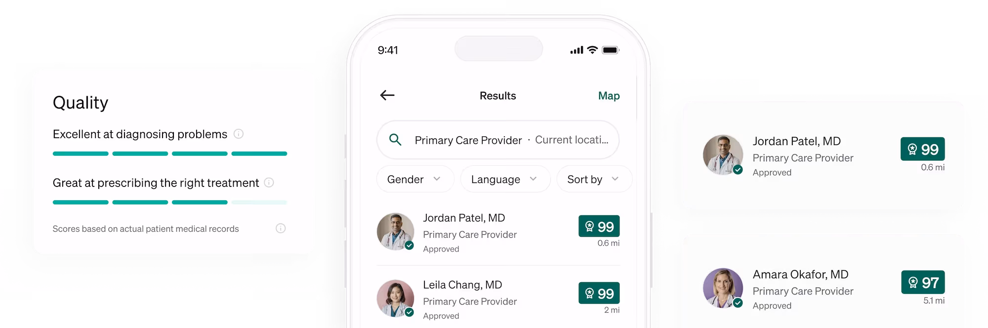 Mobile app screen showing search results for primary care providers with doctor names, photos, ratings, and distances, alongside quality scores for diagnosing problems and prescribing treatments.