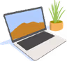 Open laptop with desert landscape on screen next to a small potted cactus.
