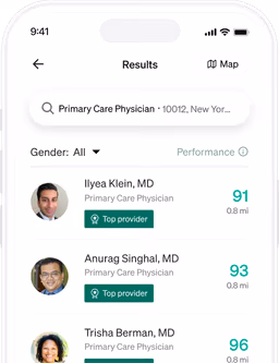 Mobile app screen showing search results for primary care physicians with doctors' names, photos, ratings, and distances.