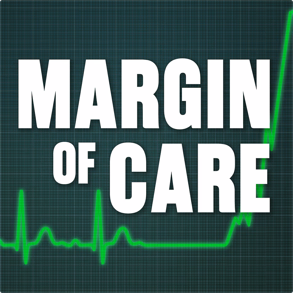 Text 'MARGIN OF CARE' with a green heartbeat line on a digital monitor background.