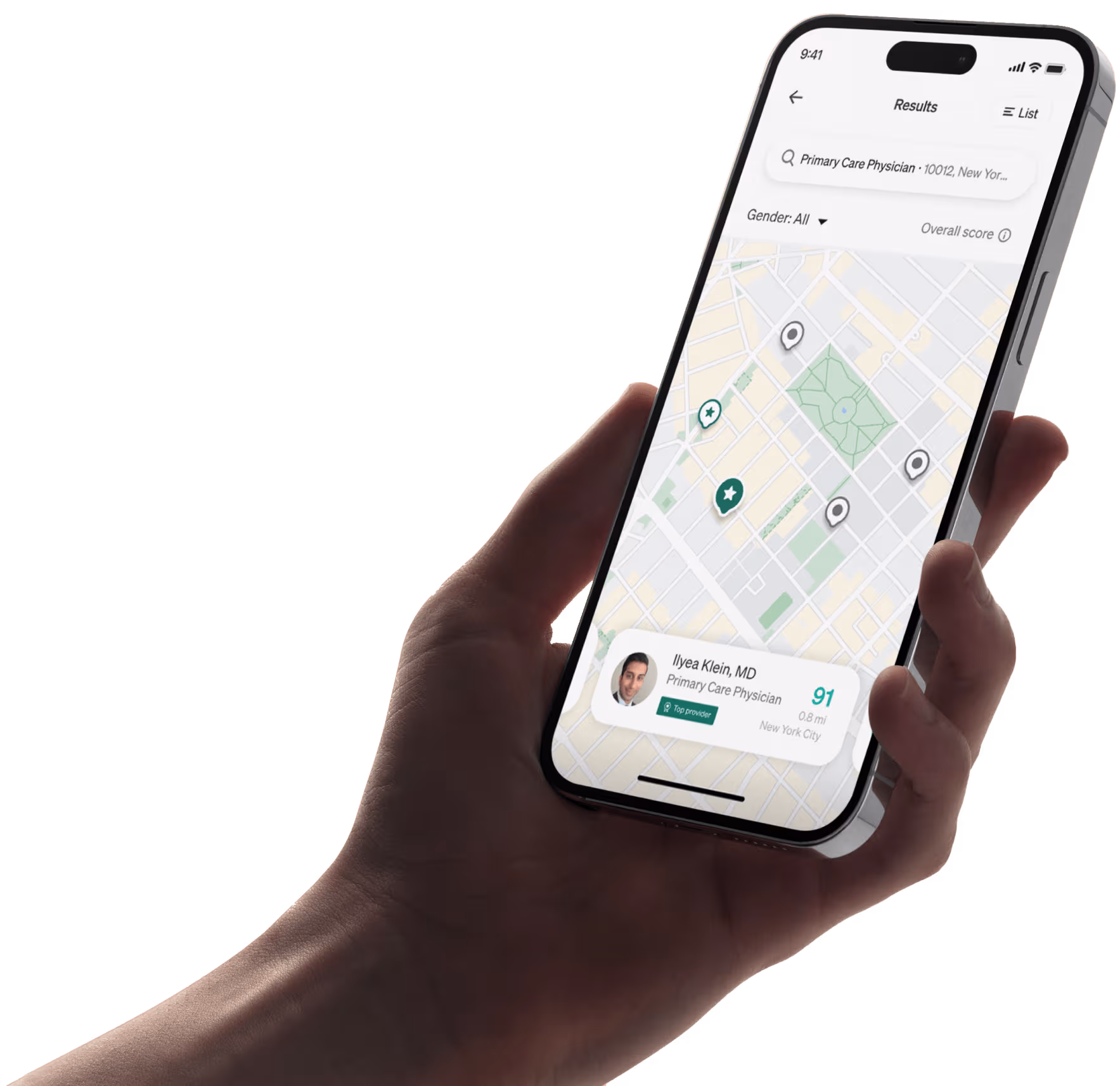 Hand holding smartphone displaying a map with markers showing primary care physician locations and details for Ilyea Klein, MD, with a score of 91 in New York City.
