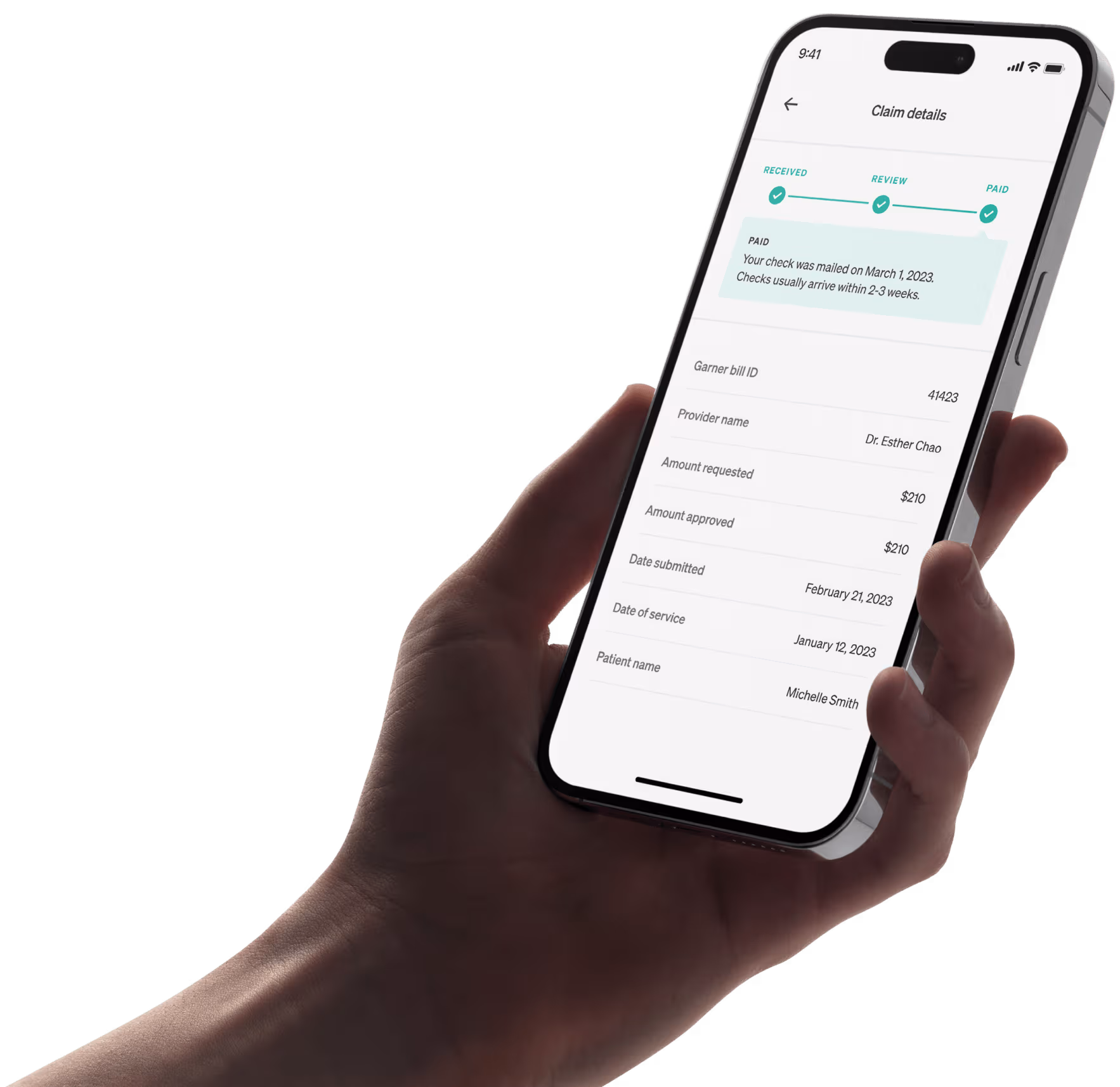 Hand holding a smartphone displaying a claims detail screen with status steps marked received, review, and paid, including patient and provider information.