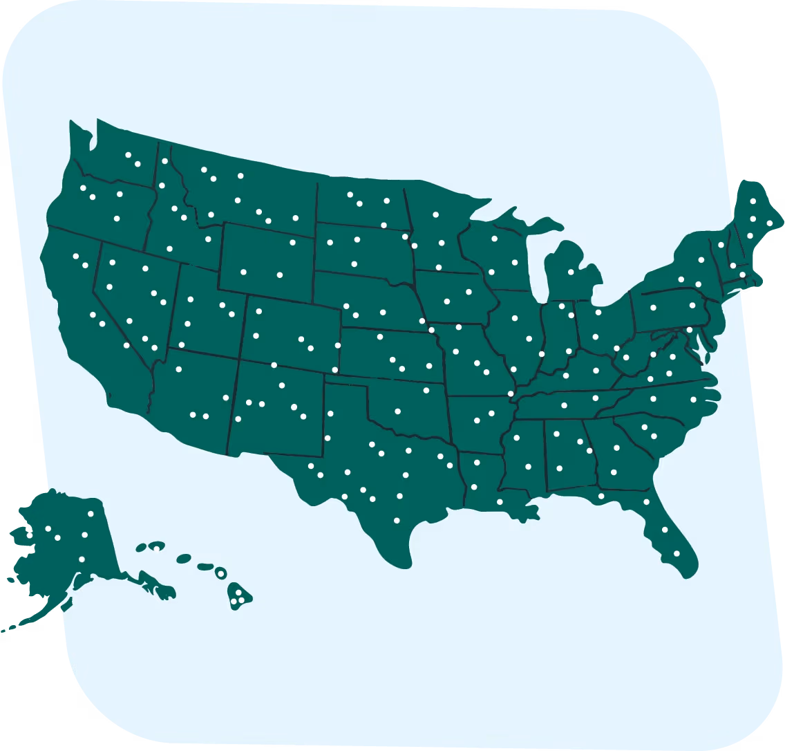 Map of the United States showing state boundaries with numerous white dots scattered across each state representing specific locations.