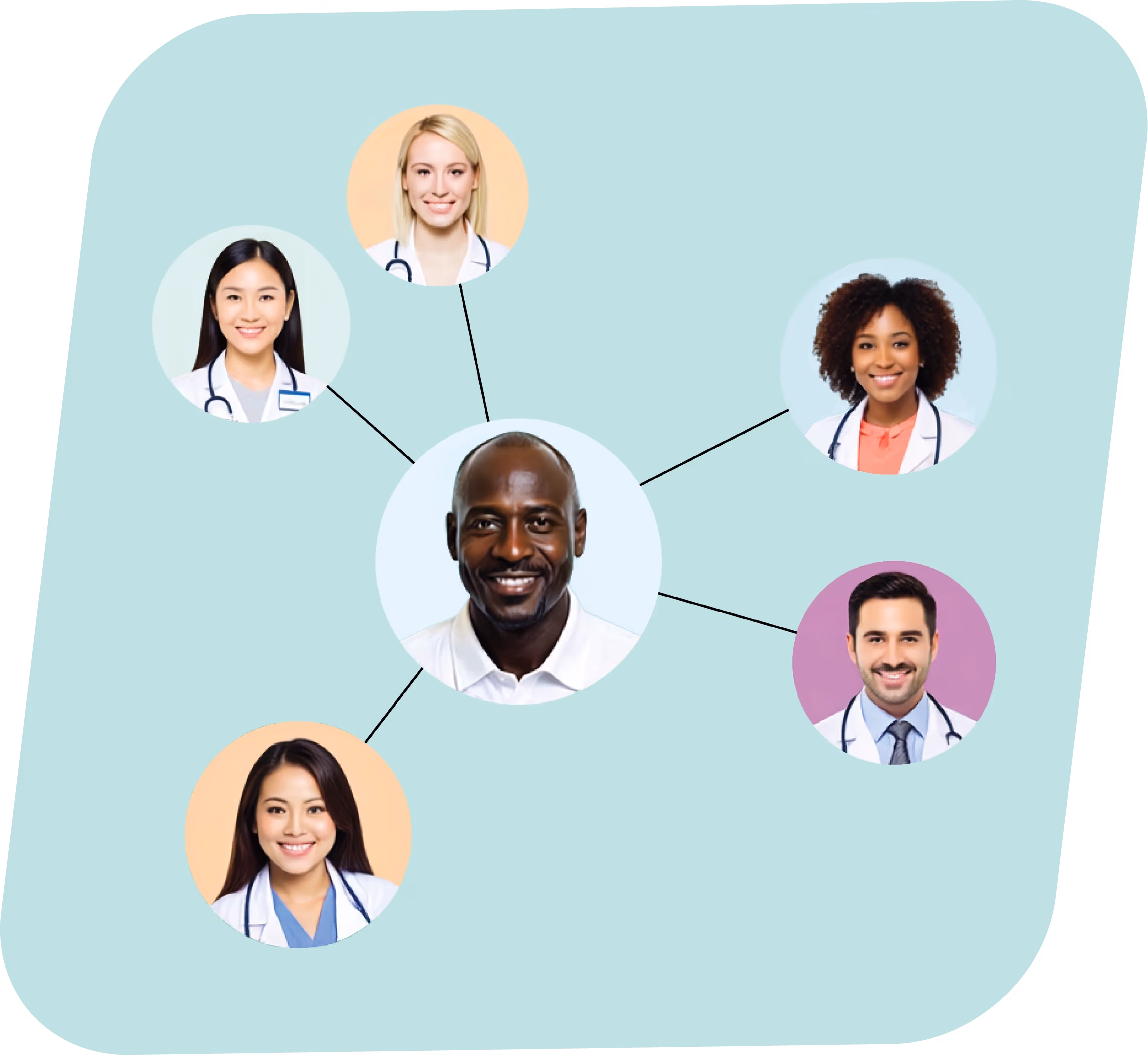 Illustration of a diverse network of six healthcare professionals connected by lines and dots.