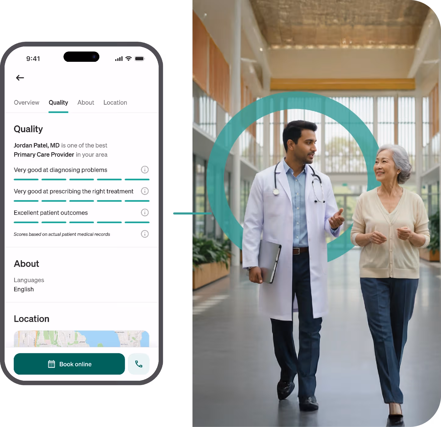 Mobile screen showing quality ratings for doctor Jordan Patel, MD, alongside a doctor walking and conversing with an elderly patient in a hospital hallway.