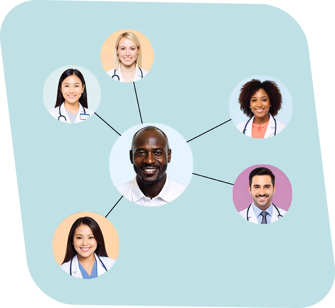 Network of six diverse healthcare professionals connected by lines on a light blue background.