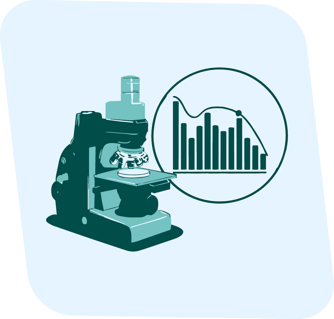 Illustration of a microscope next to a circular graph displaying declining bar and line chart data.