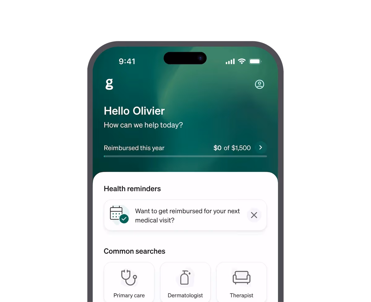 Mobile app screen greeting user Olivier with health reimbursement status, health reminders, and common searches for primary care, dermatologist, and therapist.
