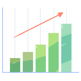 Bar chart with four ascending green bars and a red upward arrow indicating financial growth or increasing benefits.
