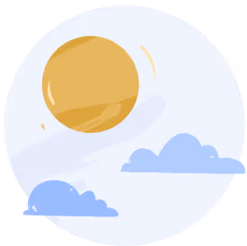 Illustration of a bright yellow sun shining in a partly cloudy sky within a circular frame.