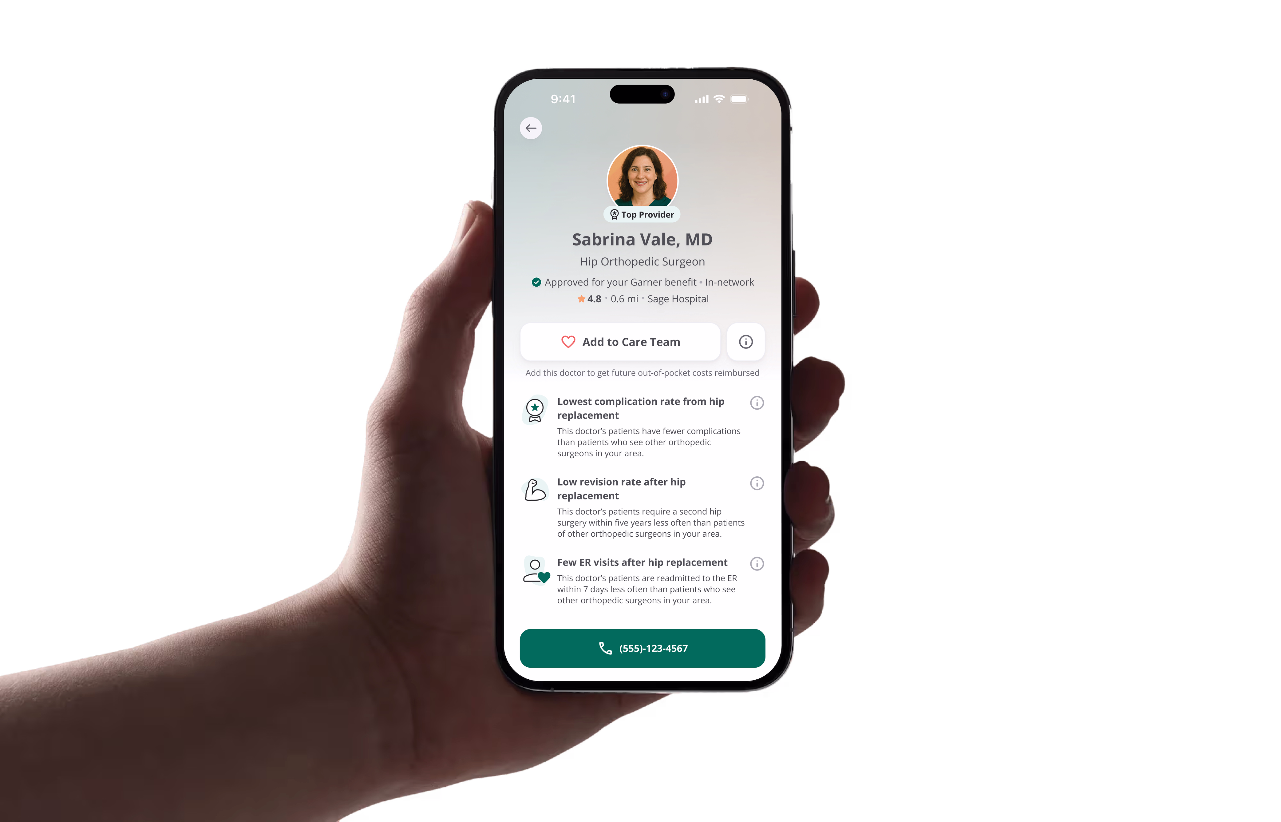 Smartphone screen showing a profile of Jordan Patel, MD, primary care provider, with performance score, patient reviews, distance, and a green call button displaying a phone number.