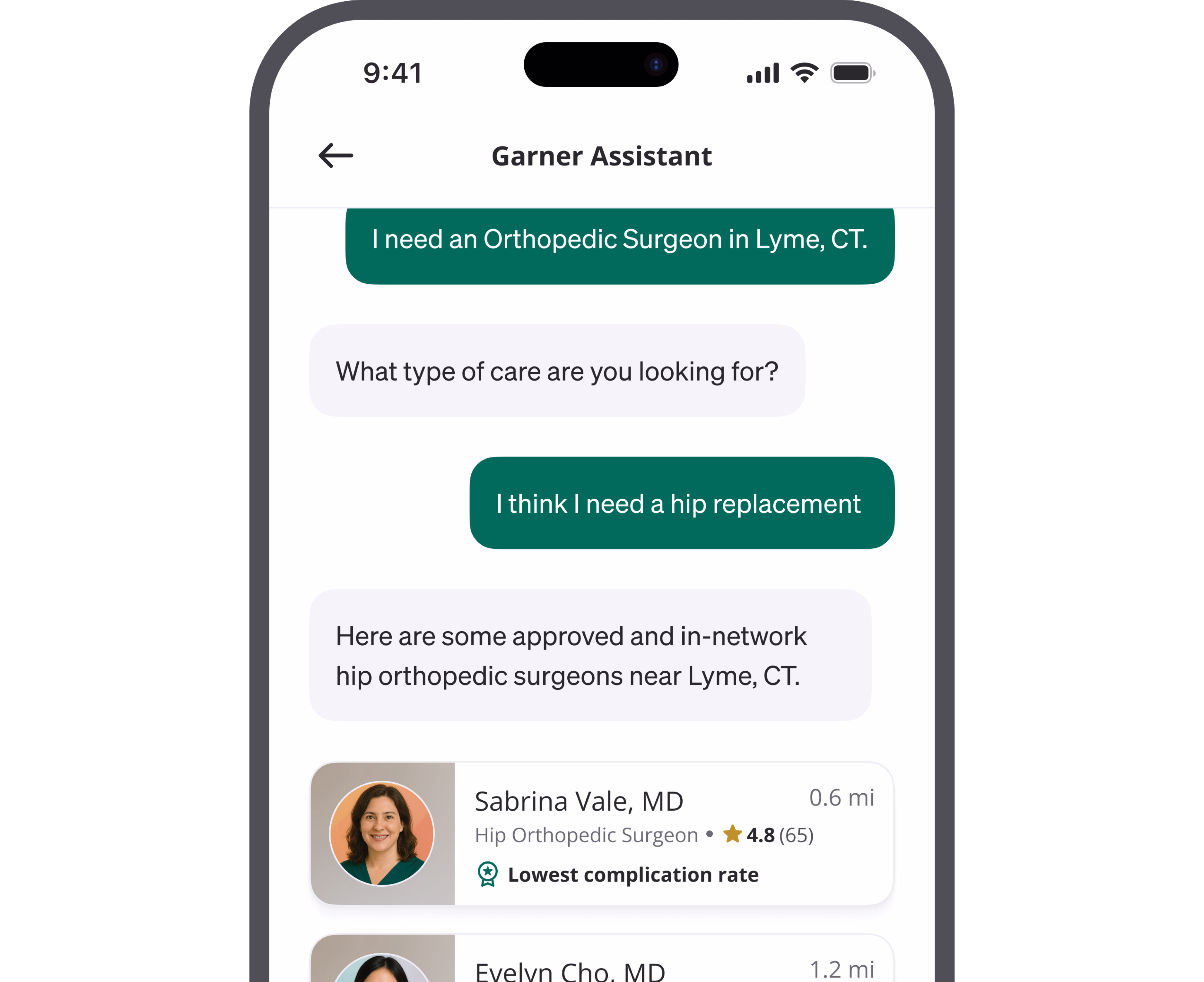 Mobile app screen greeting user Olivier with health reimbursement status, health reminders, and common searches for primary care, dermatologist, and therapist.
