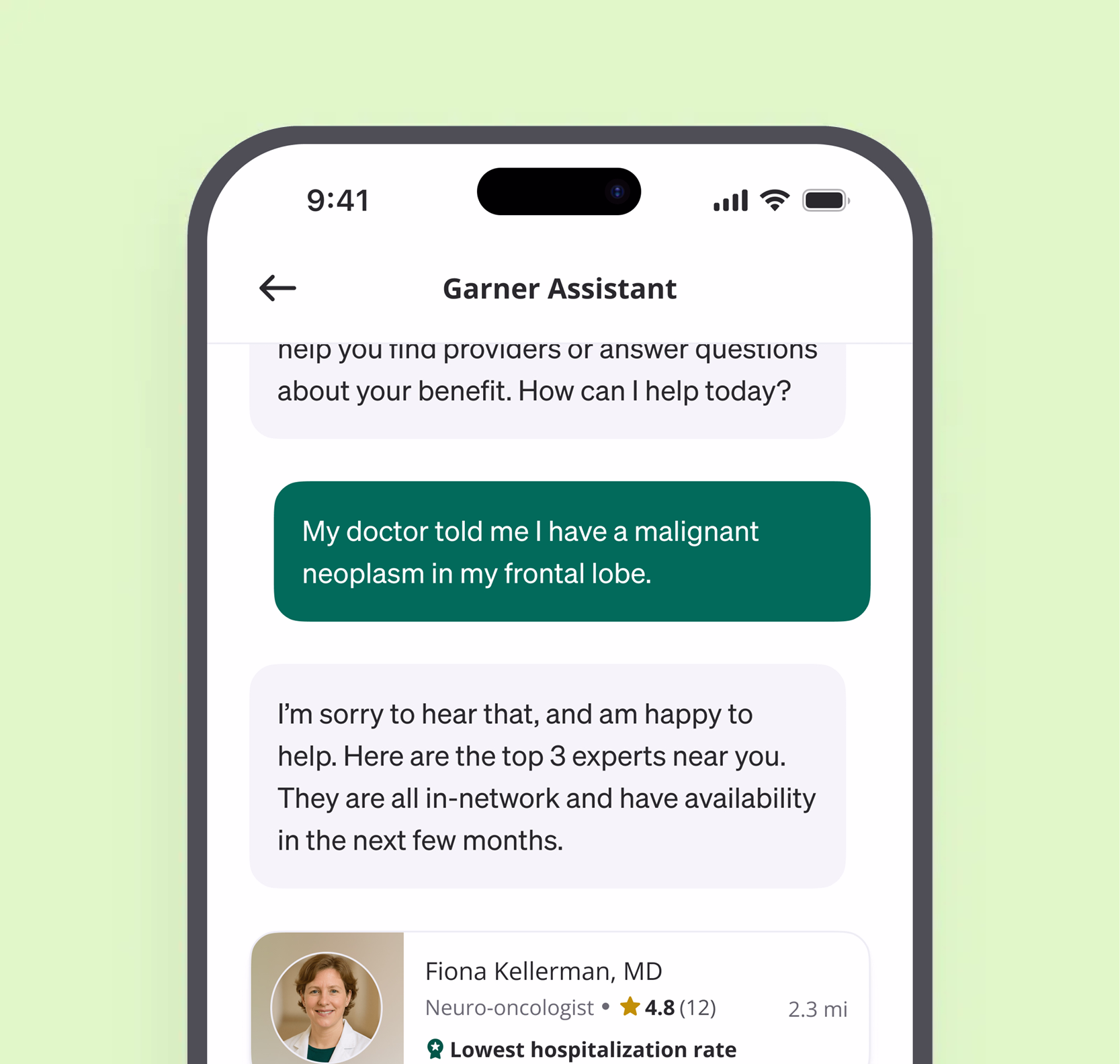 Mobile app screen showing search results for back pain doctors near current location, listing three nonsurgical orthopedists with approval ratings and distances.