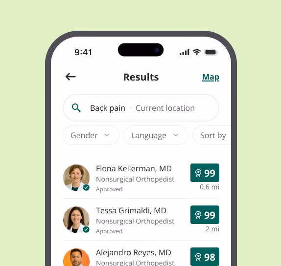 Mobile app screen showing search results for back pain doctors near current location, listing three nonsurgical orthopedists with approval ratings and distances.