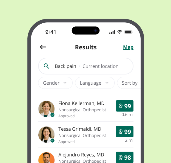 Mobile app screen showing search results for back pain doctors near current location, listing three nonsurgical orthopedists with approval ratings and distances.