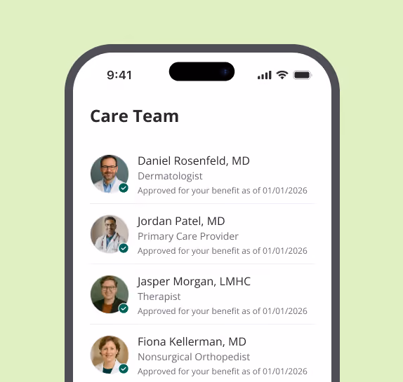 Mobile app screen showing Dr. Jordan Patel, MD, primary care provider added to care team with approval for Garner benefit and a performance score of 99.