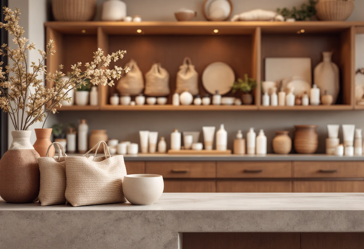 [background image] retail setting with neatly arranged products (for a pharmacy)