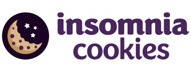Logo featuring a crescent cookie with three stars next to the text 'insomnia cookies' in purple.