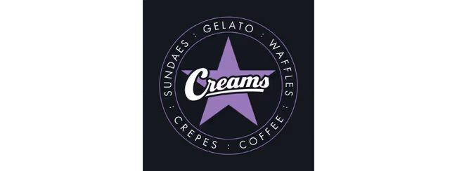 Creams logo with a purple star in the center, surrounded by the words Sundaes, Gelato, Waffles, Crepes, and Coffee in a circular design.