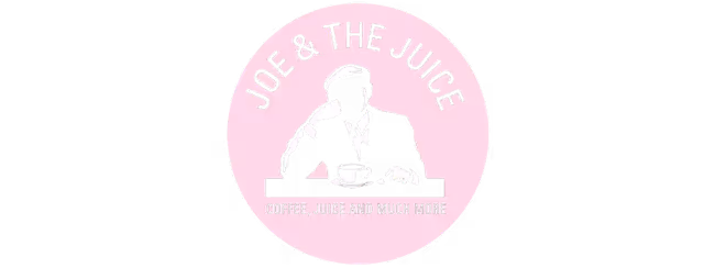 Joe & The Juice logo featuring a person holding a cup, with text 'Coffee, Juice and Much More' on a pink circular background.