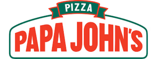 Papa John's pizza logo featuring bold red text and a green banner.