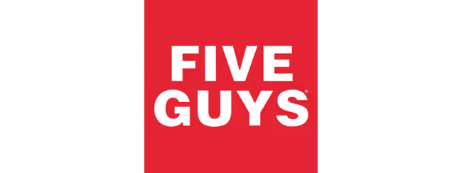 Five Guys restaurant logo with white text on red background.
