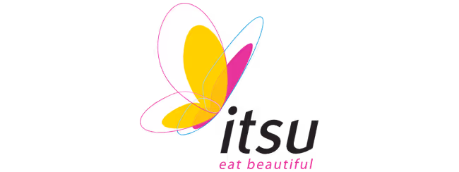 Itsu logo featuring a stylized yellow and pink butterfly with the text 'itsu' and 'eat beautiful'.
