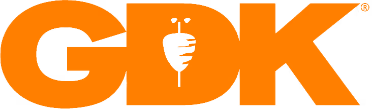 GDK logo with bold orange letters and a bee design inside the letter D.