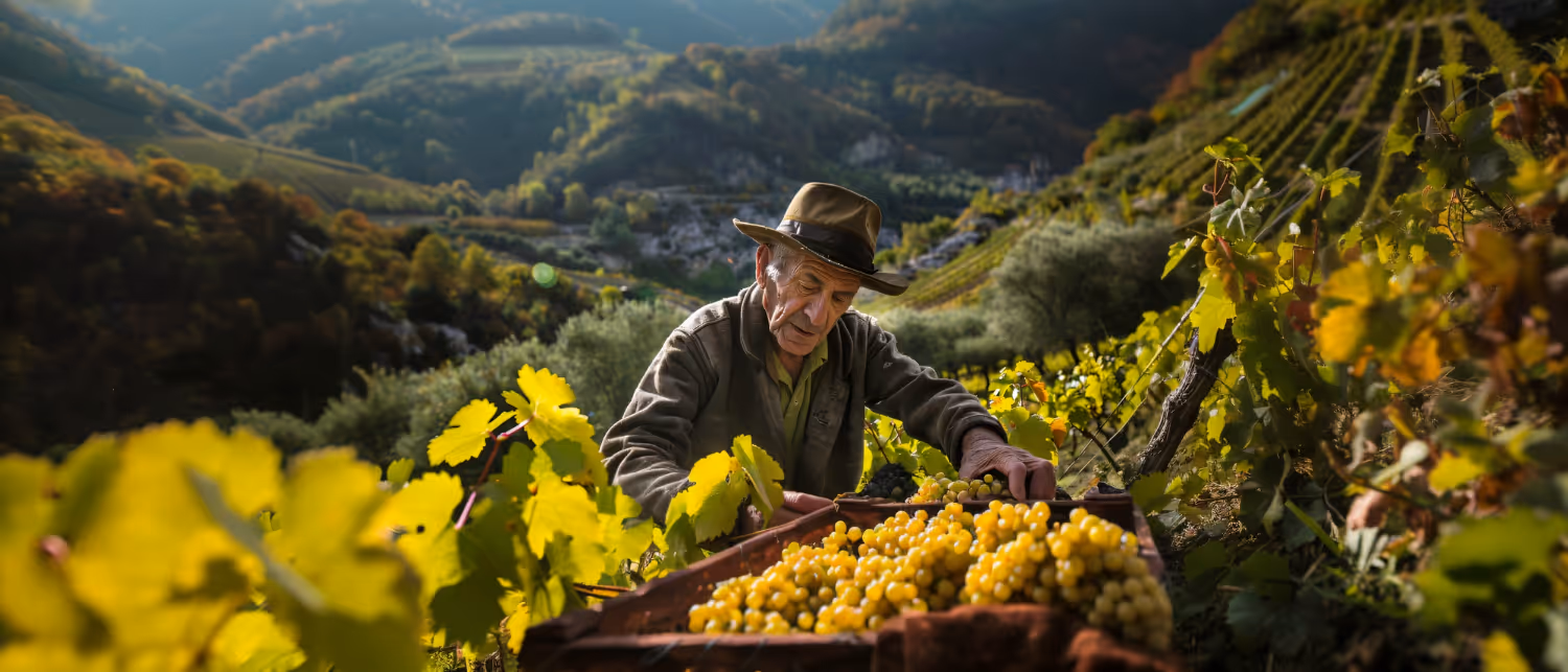 Vineyard worker harvesting grapes