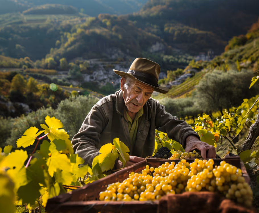 Vineyard worker harvesting grapes