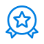 Insigne bleu avec étoile et rubans représentant un prix ou une récompense.