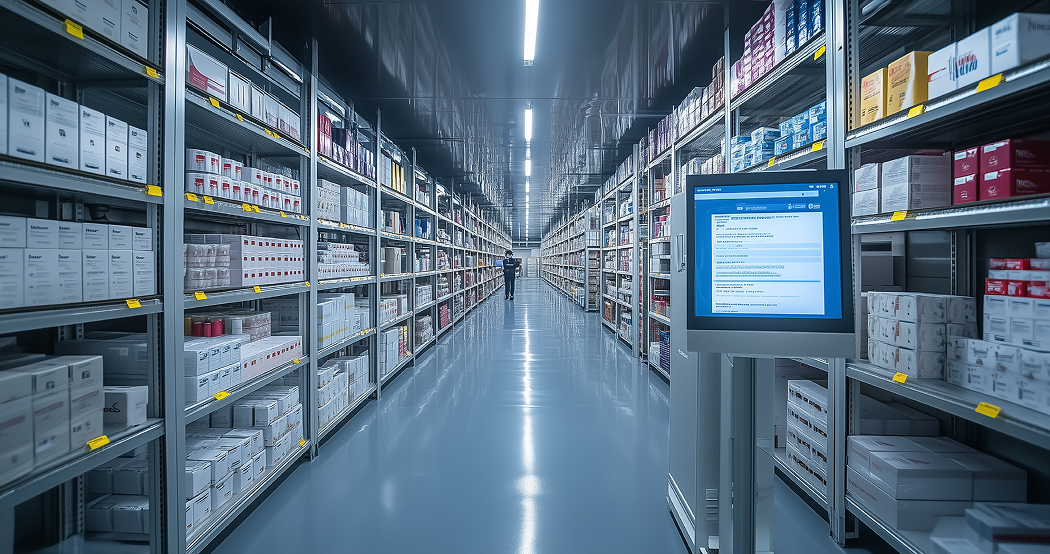 Long aisle in a clean, well-lit pharmaceutical warehouse with shelves stocked with boxes and a digital inventory screen in the foreground.