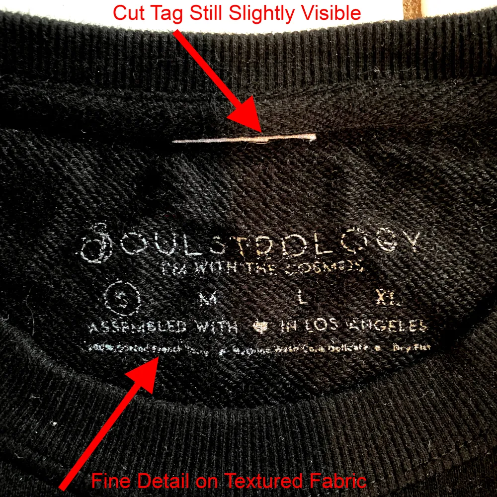 Cut woven tags and printing on textured fabric