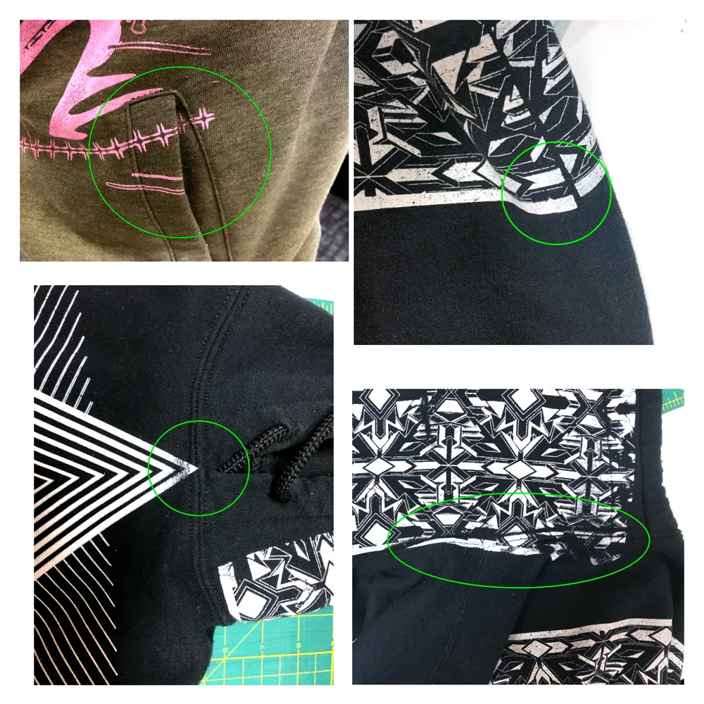 Examples of printing over seams and pockets