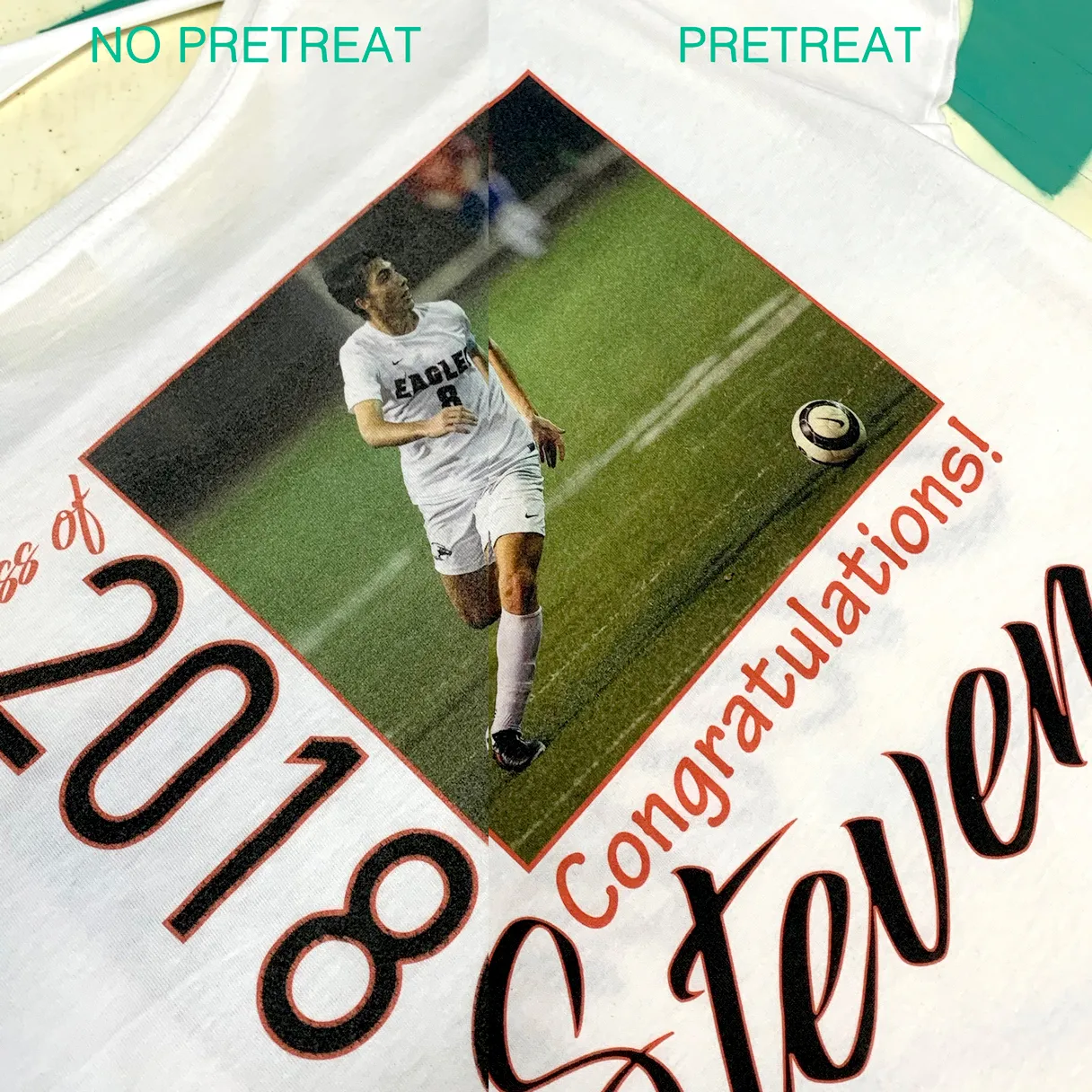 A split image showing the same graphic printed with and without pretreatment.