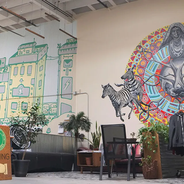 Indoor space with colorful wall murals depicting zebras and an abstract figure, potted plants, a black chair, and hanging hoodies on a rack.