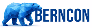 Polygonal-style blue bear standing next to the text 'BERNCON' in bold blue letters.
