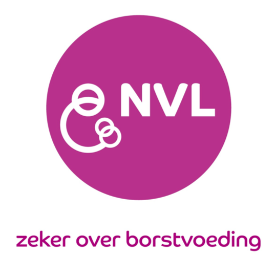 NVL logo with white letters and circular design on purple circle background, above the text 'zeker over borstvoeding'.
