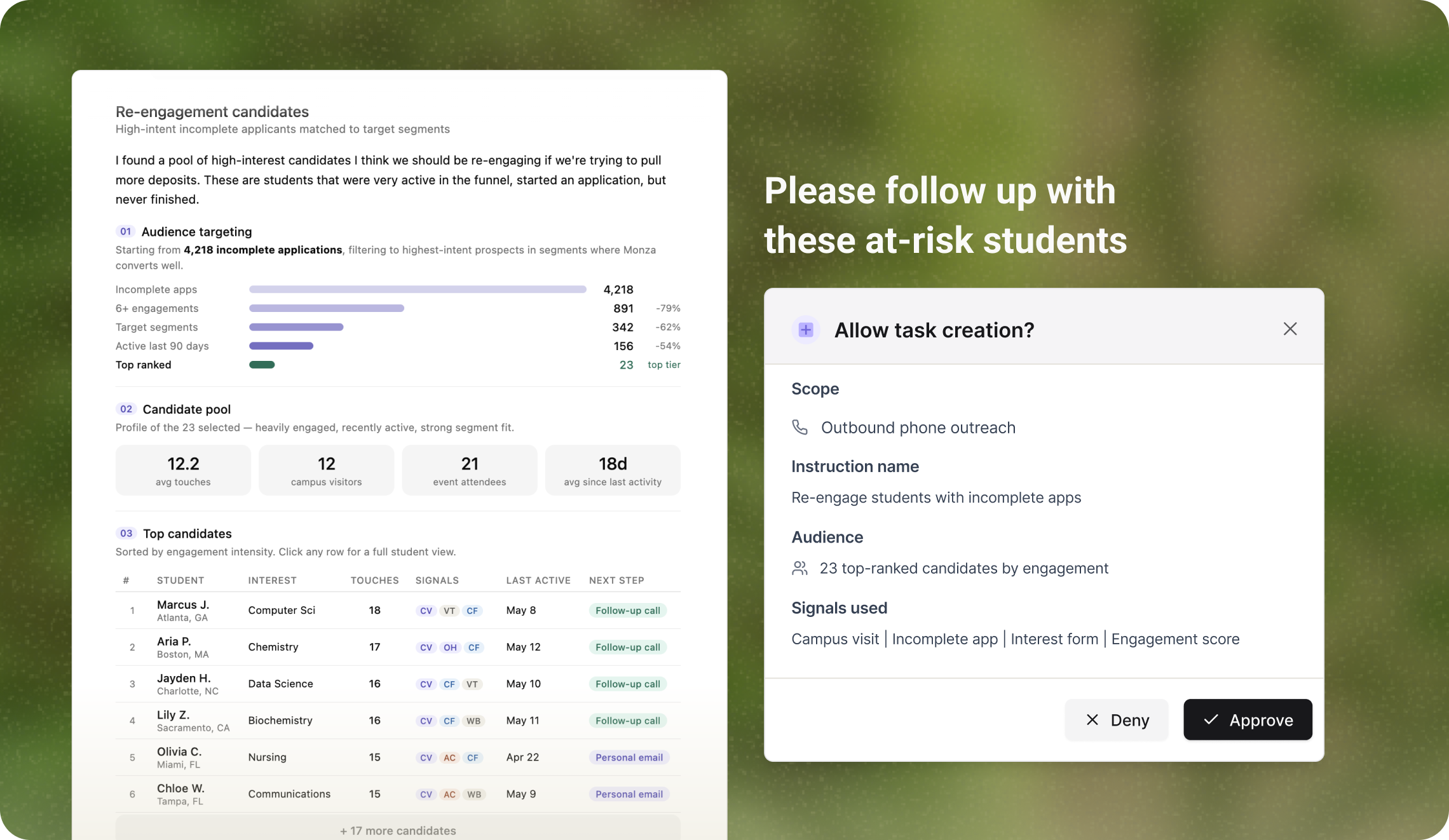 Agent identifying at-risk students and requesting approval to create follow-up tasks