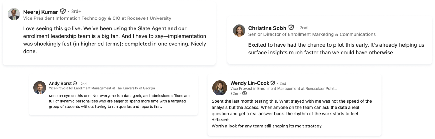Testimonials from enrollment leaders at Roosevelt University, University of Georgia, and Rensselaer Polytechnic Institute