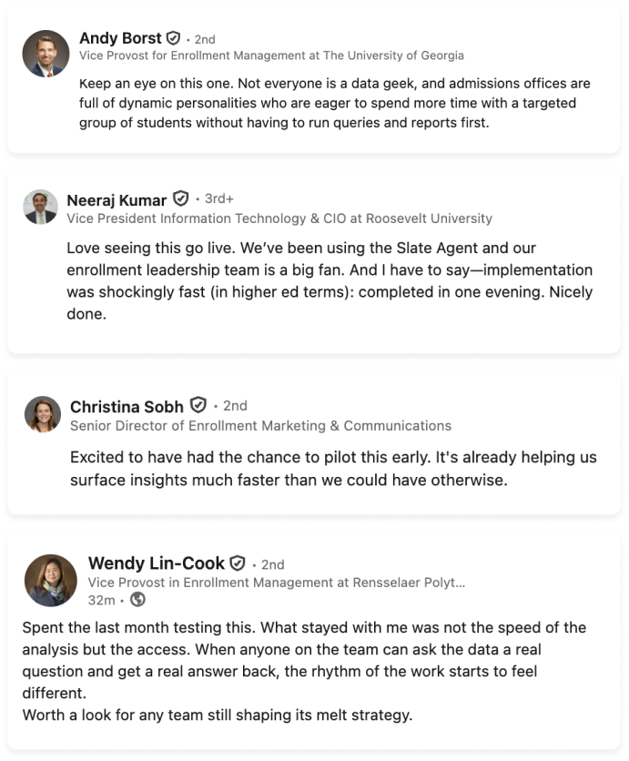 Testimonials from enrollment leaders at Roosevelt University, University of Georgia, and Rensselaer Polytechnic Institute