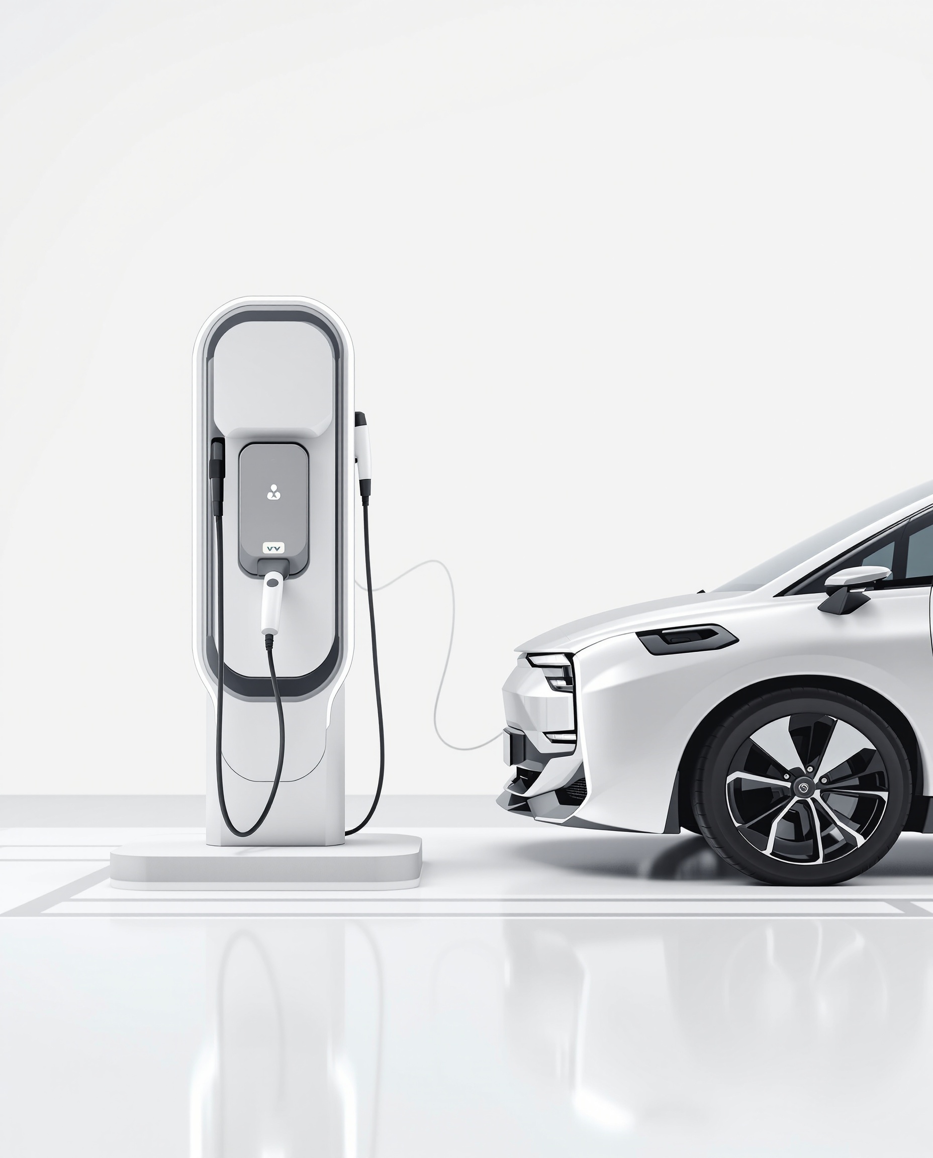 White electric car charging at a modern charging station in a clean, white environment.