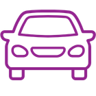 Purple line drawing of a car front view with headlights and windshield.