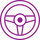 Purple outline icon of a steering wheel.