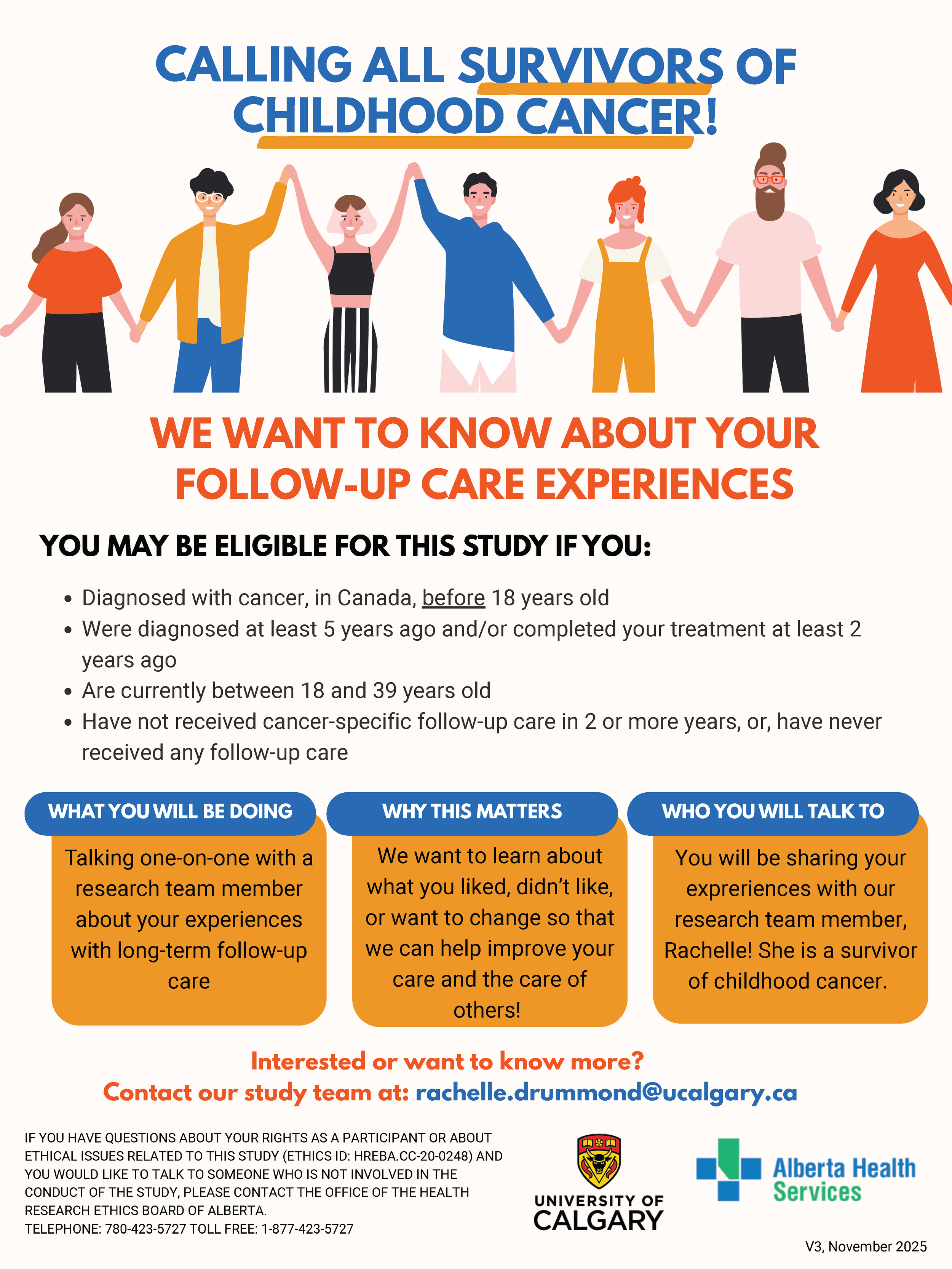 A poster calling all survivors of childhood cancer.