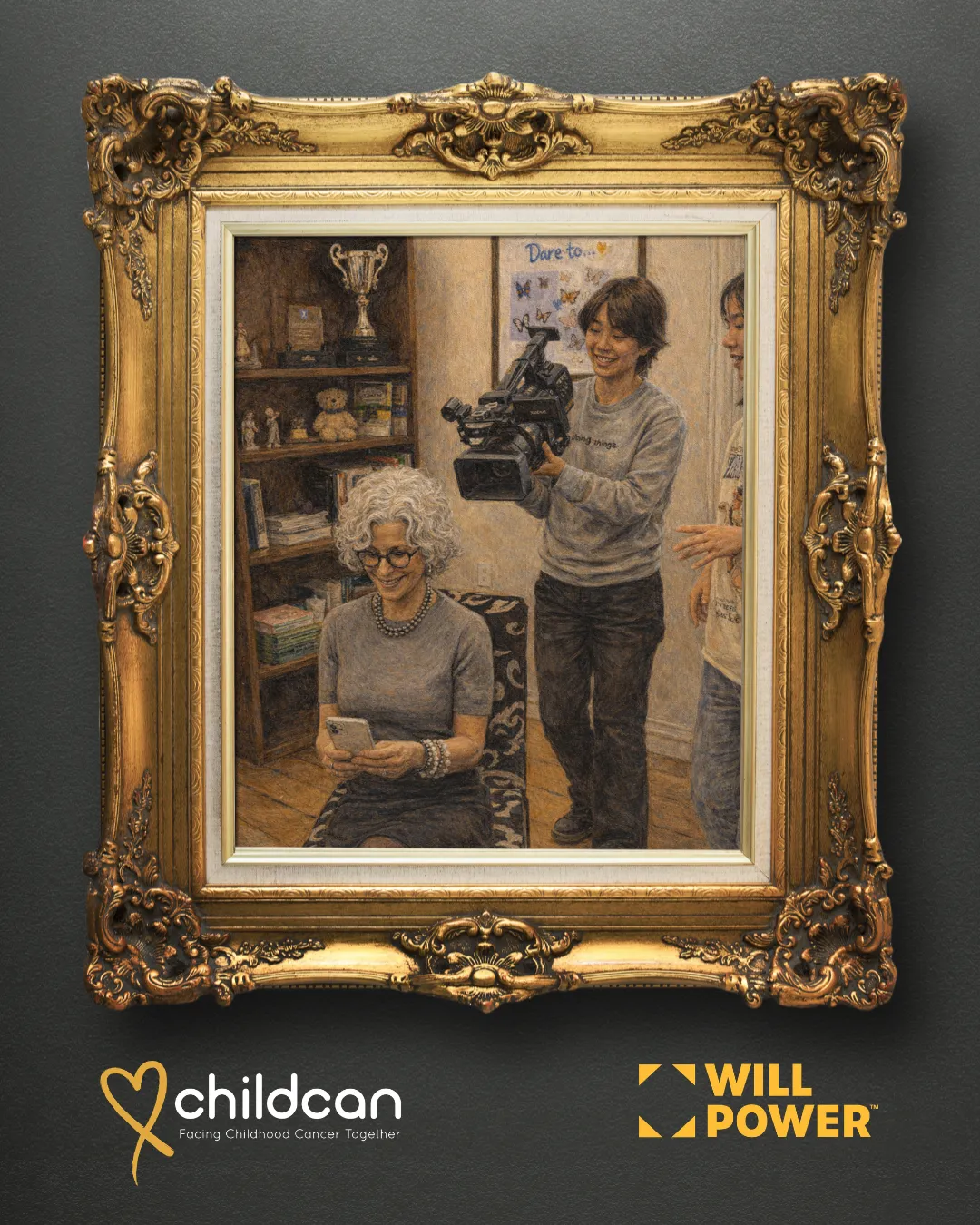 An oil painting of Lisa scrolling on her phone will being filmed.