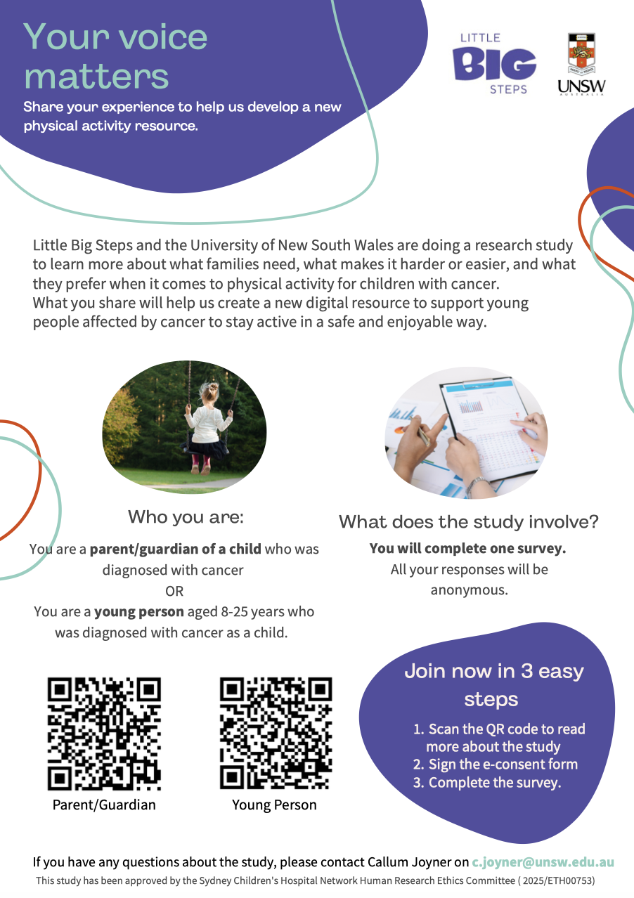A poster encouraging kids and parents to participate in a study around physical activity. Poster includes QR codes needed to participate.