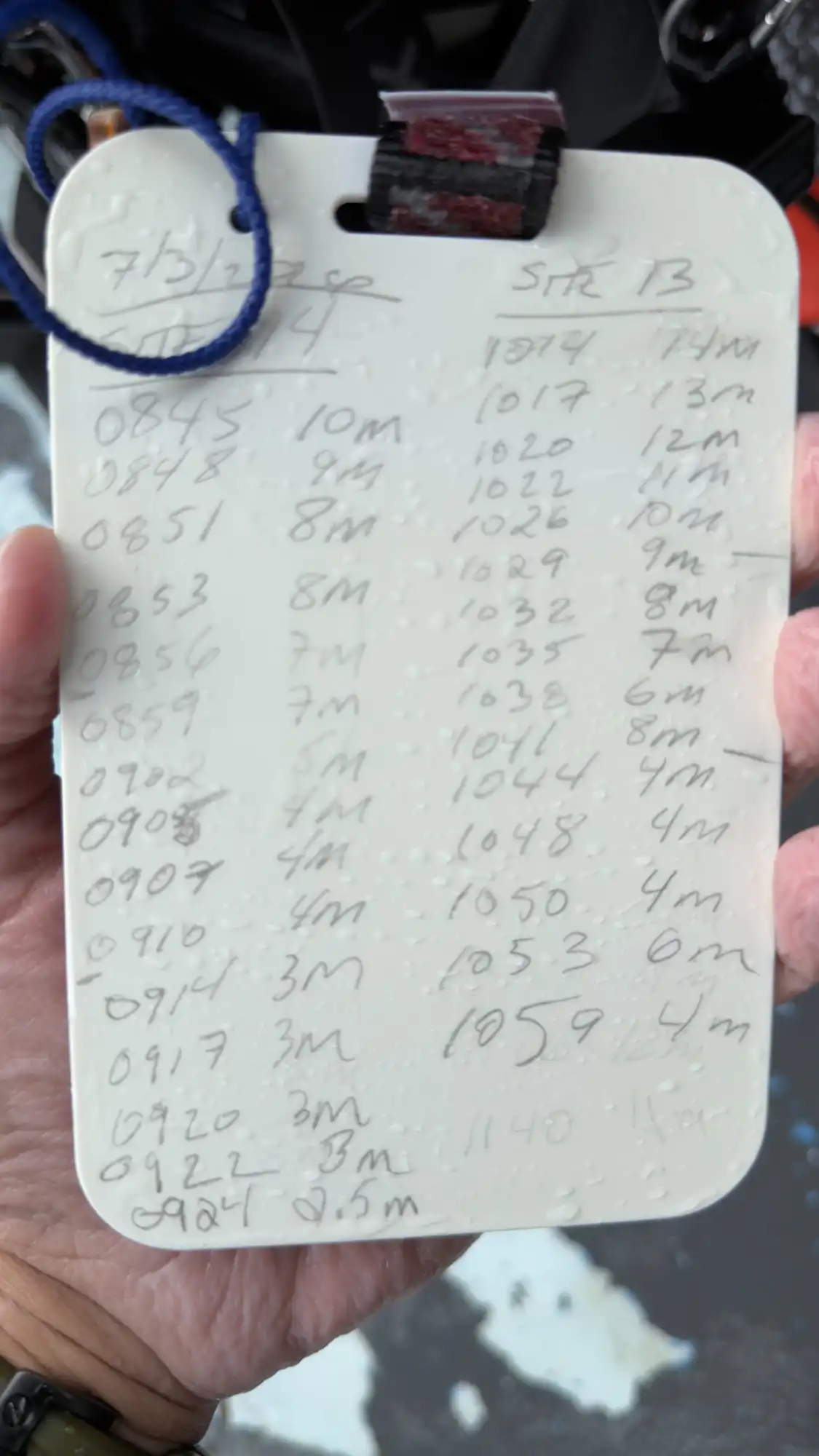 A hand holds a white, waterproof dive slate covered in handwritten time and depth logs for Guam dive sites 13 and 14 during the GAO Pacific Mission.